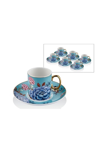 Floral Blue Porselen 12 Parça 6 Kişilik Kahve Fincan Takımı