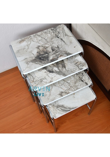 Renk Renk Mermer Desenli Parlak Mikelaj Ayaklı 4'Lü Zigon Sehpa (467864165)