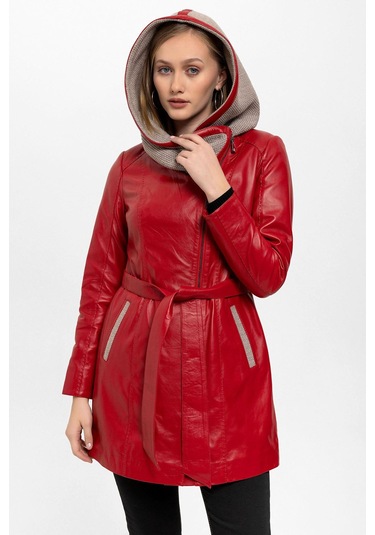 Kırmızı Julia Triko Kapüonlu Kemerli Hakiki Kadın Deri Kaban-kırmızı Kırmızı