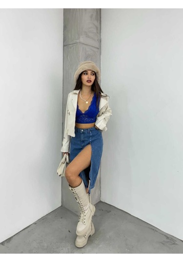 Shevega Kadın Mavi Ön Fermuar Detayli Kot Etek Mavi