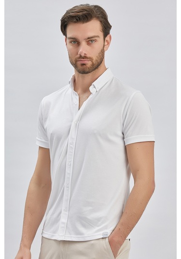 Imza Beyaz Desenli Oxford Polo Yaka Cepli Casual Slim Fit Dar Kesim Tişört 1011240178-Beyaz