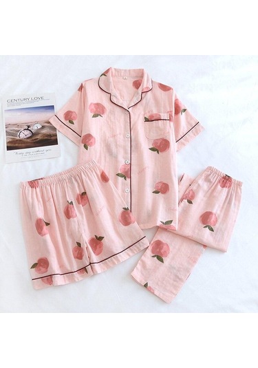 Pamuklu Pijama Kadın 3 Adet Set Baskılı Moda Saf Pamuk Çift Katmanlı Gazlı Bez Şort/uzun Pantolon Pijama Pembe