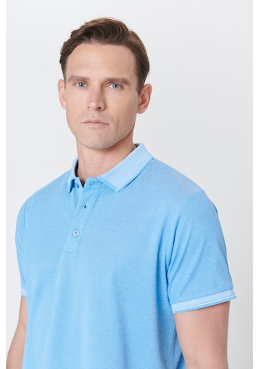 Ac&Co / Altınyıldız Classics 4A4820200047Sabm Düğmeli Polo Yaka Cepsiz Slim Fit Erkek Tişört Saks Mavisi - Beyaz Saks Mavi