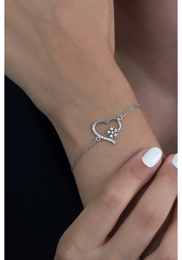 Gümüş Kalp Kar Tanesi Kolye Ve Bileklik Seti Taşlı Wss09