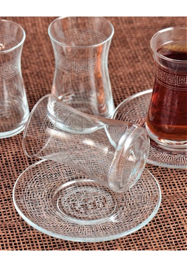 12 Parça Çay Seti - Paşabahçe Heybeli Antik Desen Şeffaf