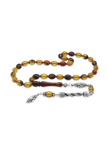 Kararmaz Metal Halat Püsküllü Arpa Kesim Bala-siyah Ateş Kehribar Tesbih