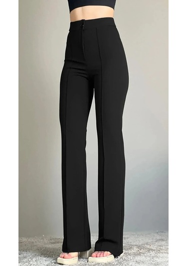 Krep Kumaş Likralı Önü Çimalı Kahverengi Kadın Palazzo Pantolon Siyah