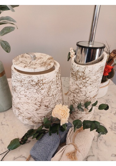 Betonmall 2'li Set Beton Banyo Çöp Kovası Ve Tuvalet Wc Fırçalığı Bej