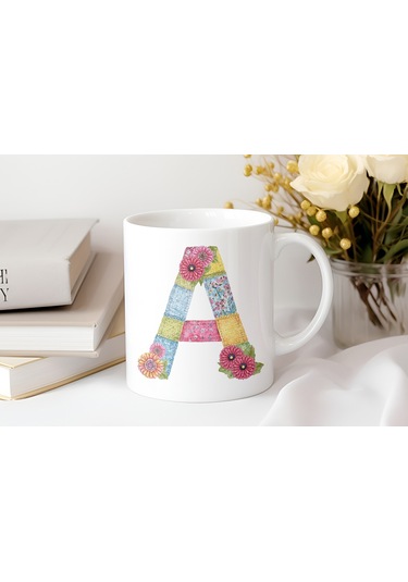 A Harfli Retro Çiçekli Kupa Bardak - Patchwork Tarz Yamalı Desenli İsme Özel Kupa - Hediye 07 Beyaz