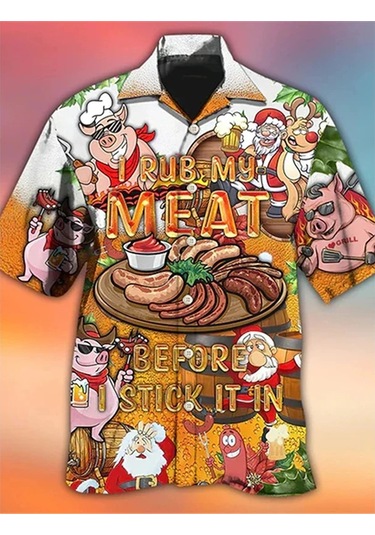 Snapbuy 3d Baskılı Sosis Desenli Hawaii Gömlek - Erkek Yaz Kısa Kollu Plaj Gömleğikadın Gri