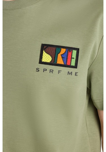 Relax Fit Rahat Kesim Pamuklu Ön Ve Arka Baskı Ve Nakış Detaylı Bisiklet Yaka Haki Tişört-34891 Haki