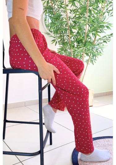 Farya Home Dreamy Soft Kadife Dokulu Desenli Süet Pijama Altı Pantolon Bordo