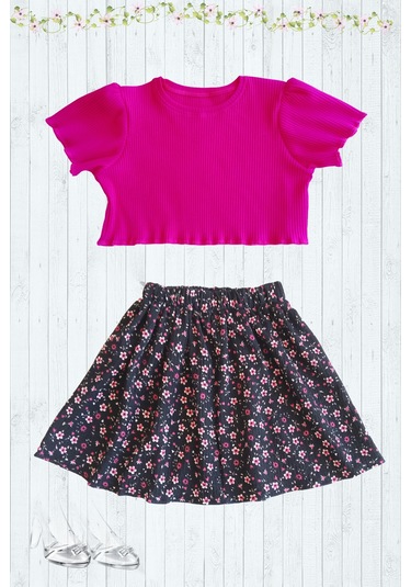 Etekli Crop Takım, Bürümcük Etek - Pamuklu Fuşya Crop Fuşya-bürümcük Fuşya