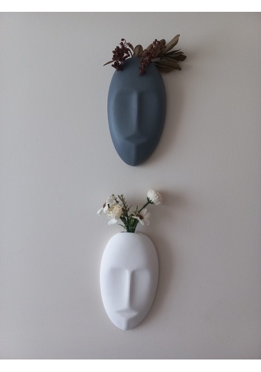 Dekoratif 2'li Yüz Duvar Vazosu, Duvar Süsü ,heykel Aksesuar Beyaz Gri