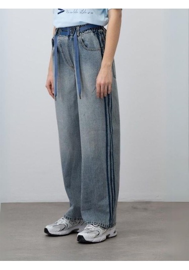 Zekids Kız Çocuk Kordon Detaylı Oversize Denim Pantolon-15529 Mavi