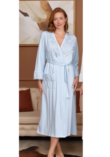 Bone 5716 Mikro Pamuk Penye Uzun Kol Kadın Sabahlık Mavi