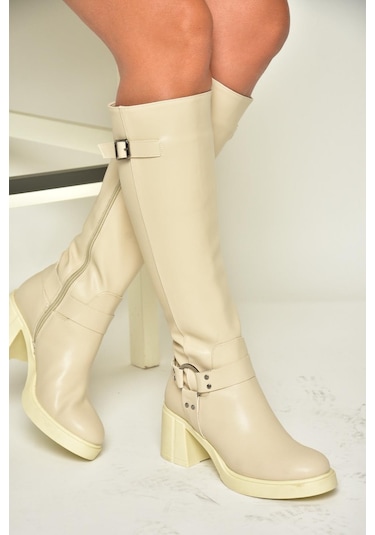 Fox Shoes T282832009 Bej Kalın Topuklu Kadın Çizme Bej