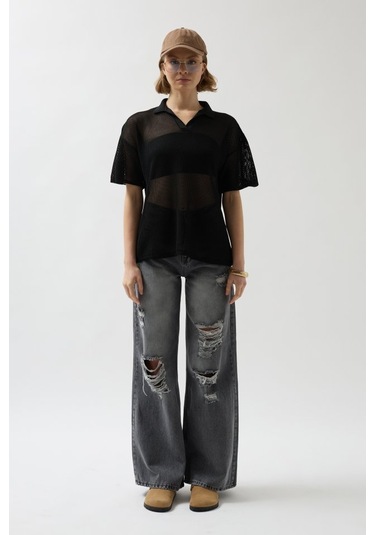 Polo Yaka Transparant-shirt Siyah