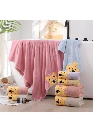 Zyzqstore Kalınlaşmış Mercan Kadife Banyo Havlusu Nakış Pooh Ayı Çok Renkli Çok Renkli