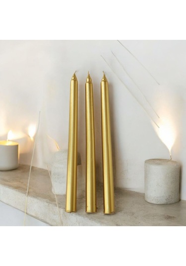 Denic 4 lü Metalik Yeşil ve Gold  Şamdan Mum Konik Mum