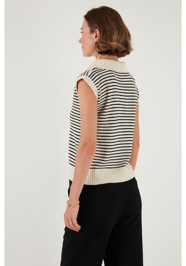 Lela Çizgili V Yaka Triko Bayan Süveter 4616171 Krem-Siyah