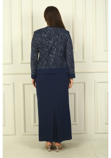 Kadın Boncuk Pul İşlemeli Tül Ceket Yarım Ay Kollu Uzun Elbise Astarlı Büyük Beden 2'li Takım Lacivert Kadın Boncuk Pul İşlemeli Tül Ceket Yarım Ay Kollu Uzun Elbise Astarlı Büyük Beden 2'li Takım Lacivert