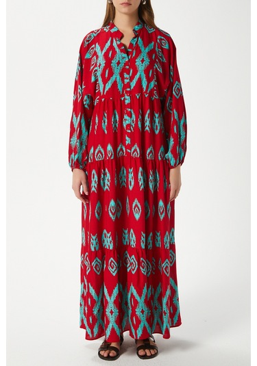 Modest Megan Kırmızı Turkuaz Kadın %100 Viskon Maksi Boy Katlı Balon Kol Uzun Yazlık Elbise Kırmızıturkuaz Kırmızı - Turkuaz