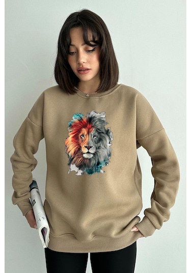 Kadın Vizon Aslan Baskılı Oversize Bisiklet Yaka Sweatshirt Ku401b-z52a-13-m Çok Renkli