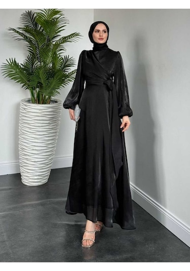 Yandan Bağlamalı Organze Abiye Siyah