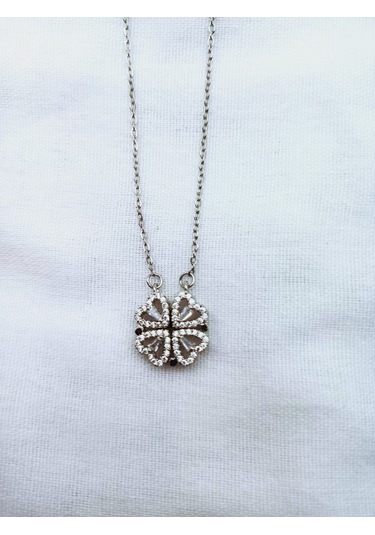 Mıknatıslı Açılır Kapanır Yonca Kalpli Zirkon Taşlı Gümüş Kolye Çok Renkli