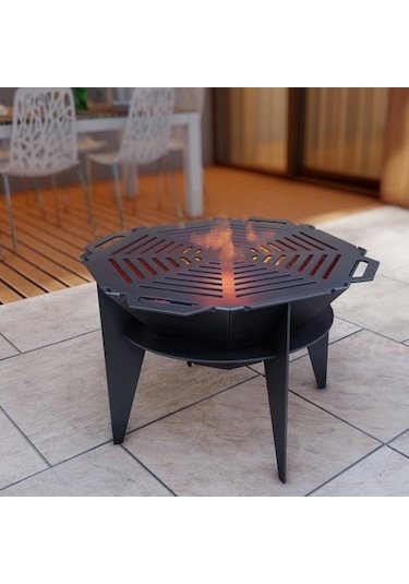 Oktagon Barbekü Izgaralı Ateş Çukuru Ayaklı Bahçeniz İçin Dekorat Siyah