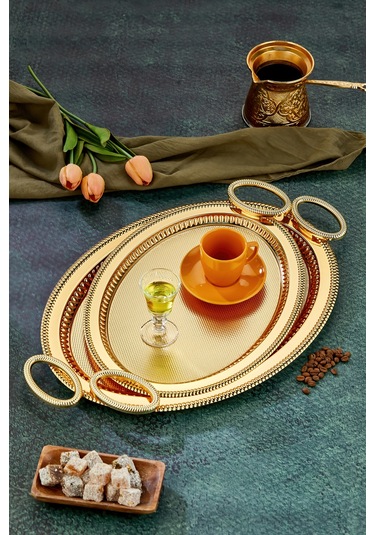 Cooker 2'li Özel Seri Oval Model Lüx Metal Çay Sunum, Nişan Tepsisi 37x28 Ve 44x33 Cm Altın