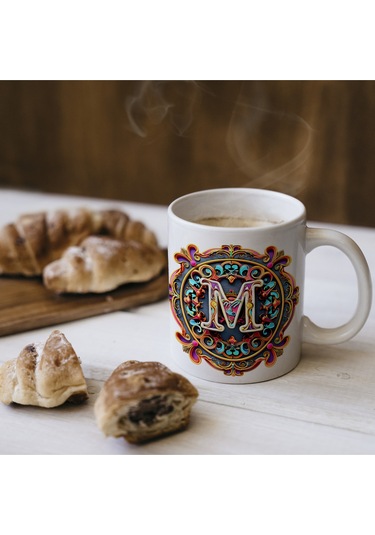 M Harfi Boho Bardak, Renkli Özel Tasarım Hediyelik Harfli Kupa, 330ml Porselen Beyaz
