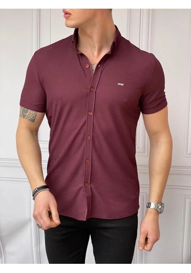 Modefendi Slim Fit Pamuk Örme Polo Yaka Kısa Kollu Gömlek Bordo