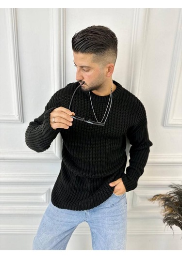 Kazak Oversize Çift Kat Zincir Örgü Naturel Pamuk Bol Kesim Tüylenmez Triko Kazak Siyah