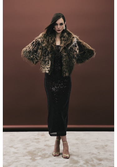 Sateen Leopar Desenli Kürk - Kahve-136710 Kahve