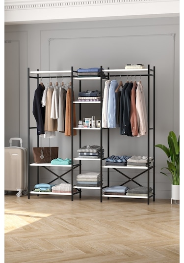 10 Raflı Metal Gardırop Metal Portmanto Açık Gardırop Elbise Dolabı Vestiyer Openix Beyaz