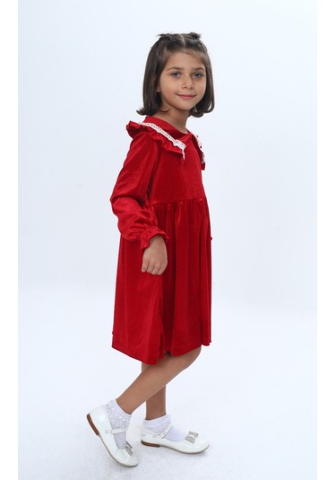 Toontoy Kız Çocuk Yaka Detaylı Fırfırlı Elbise Kırmızı