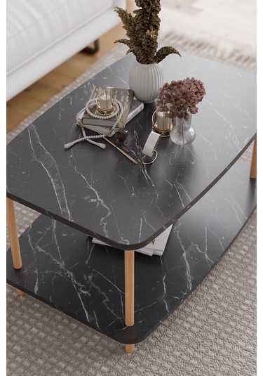 Orta Sehpa Ahşap Ayaklı Sehpa İki Raflı Sehpa-siyah