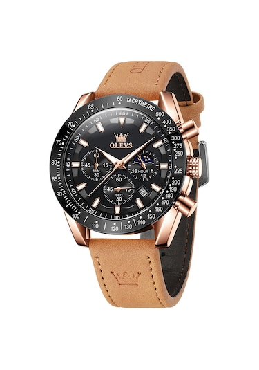 Olevs 9957 Erkekler Aydınlık Su Geçirmez Deri Kayış Kuvars Saat Siyah + Gül Altın