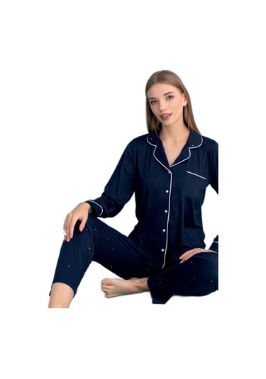 Berna Collection Kadın Pijama Takımı Düğmeli Yumuşak Dokulu Esnek Lacvert