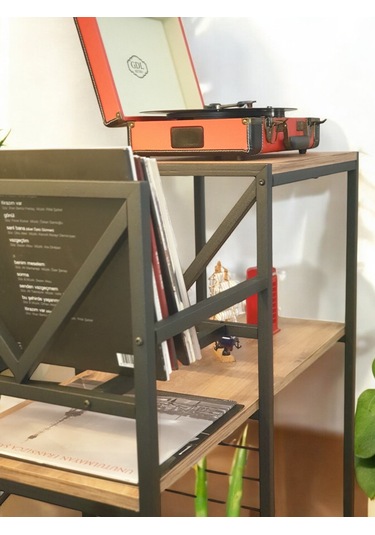 Plak Standı Metal Gövdeli Ahşap Raflı Pilak Köşesi Dresuar Siyah