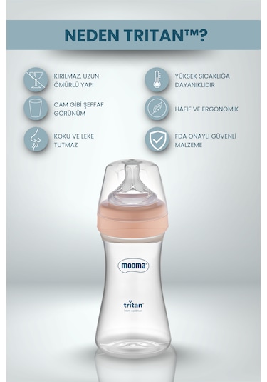 Mooma Neutra Antikolik Tritan Biberon 250 Ml 6-18 Ay Orta Akış Mercan Pembe