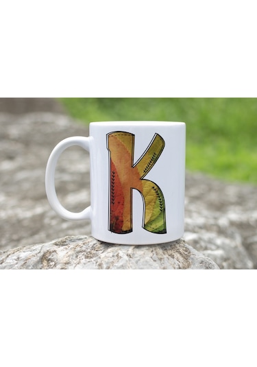 K Harf Yaprak Renkleri İle Kupa Bardak - Kişiye Özel Alfabe Harfli Bardak - Hediye Beyaz