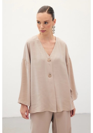 Sateen Düğmeli Kimono - Taş Taş