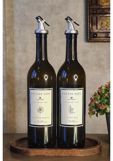 Khakma Ahşap Standlı Zeytinyağ  + Ayçiçek Yağ Şişesi 2'li Set Amber 750 ML