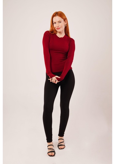 Uzun Kollu Basic Bordo Bluz Antrasit Melanj