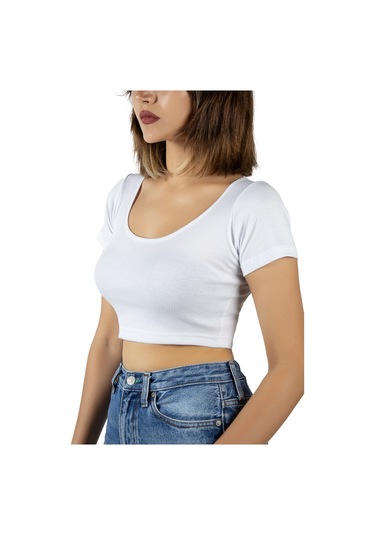 Beyaz Havuz Yaka Fitted/vücuda Oturan Kısa Kol Crop Tişört Beyaz