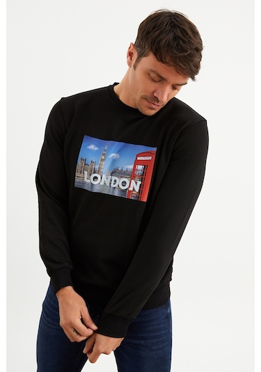 Mysport 5011 Erkek Bisiklet Yaka Baskılı Sweatshirt-siyah Siyah