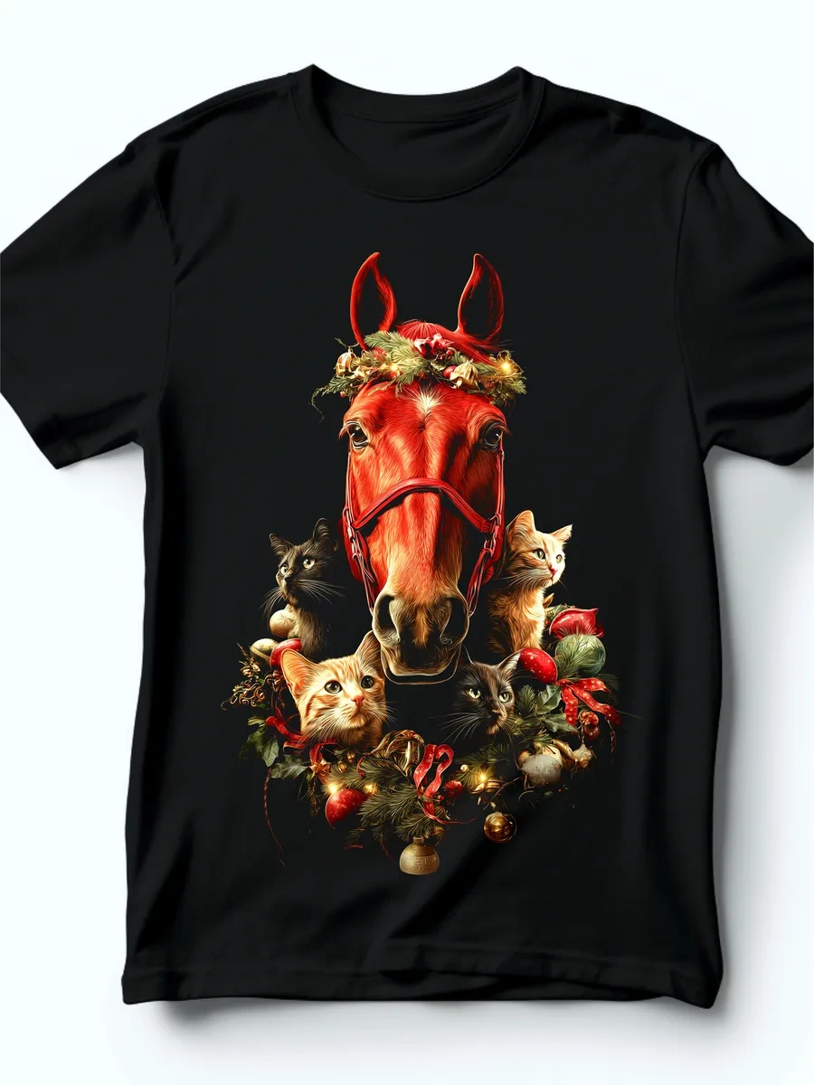 Bro-tiska Yılbaşı T-shirt'ü Yeni Yıl Atı Yavru Kedilerle 178926342 Siyah